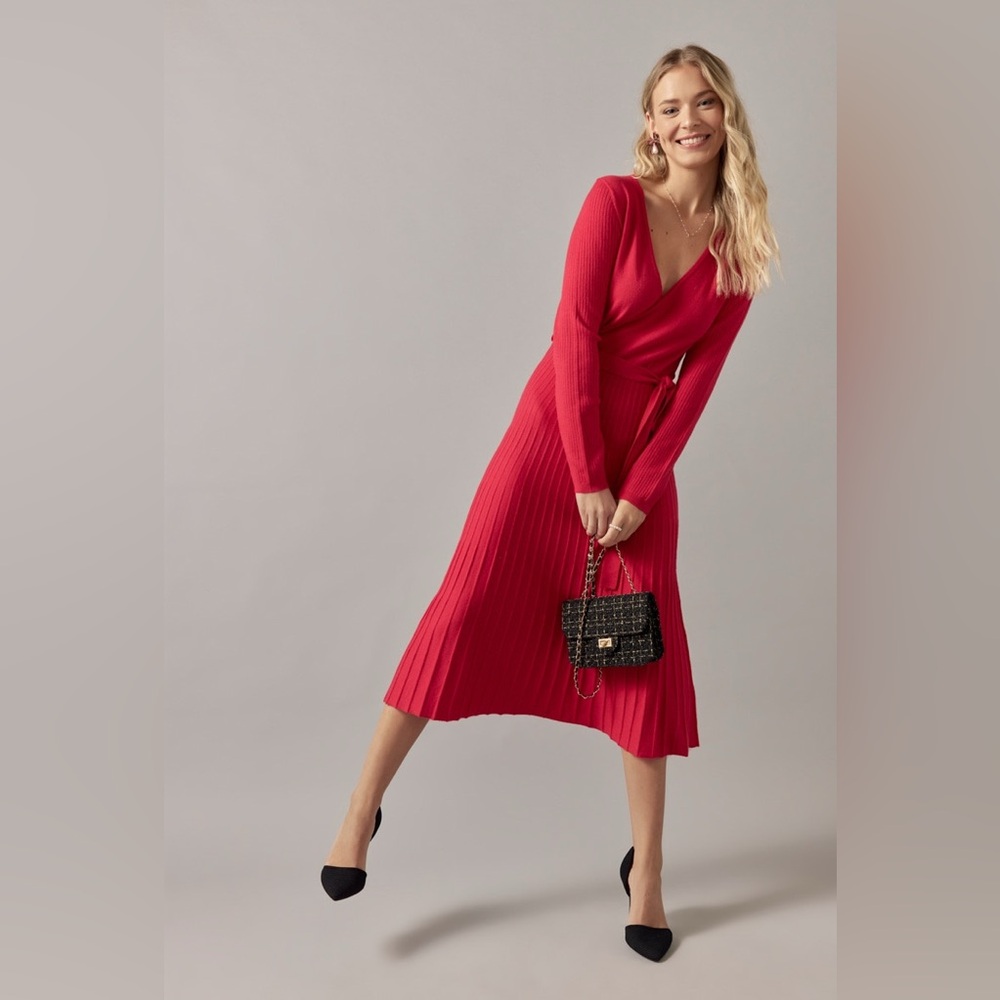 Francesca's Eleanor Tie Waste Wrap Sweater Midi Dress Vibrant Red